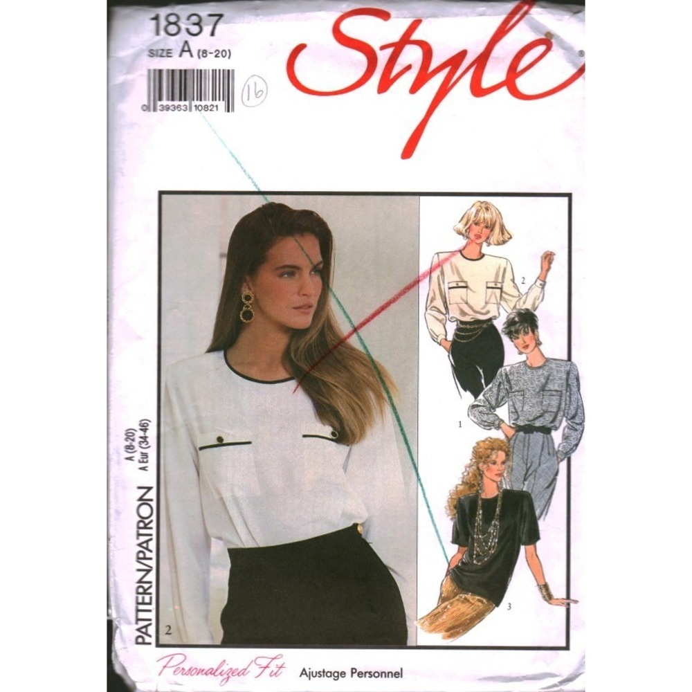 Vintage Style 1837 Sewing Pattern Misses Blouses Size 8-16 80s Piped Pocket Top
